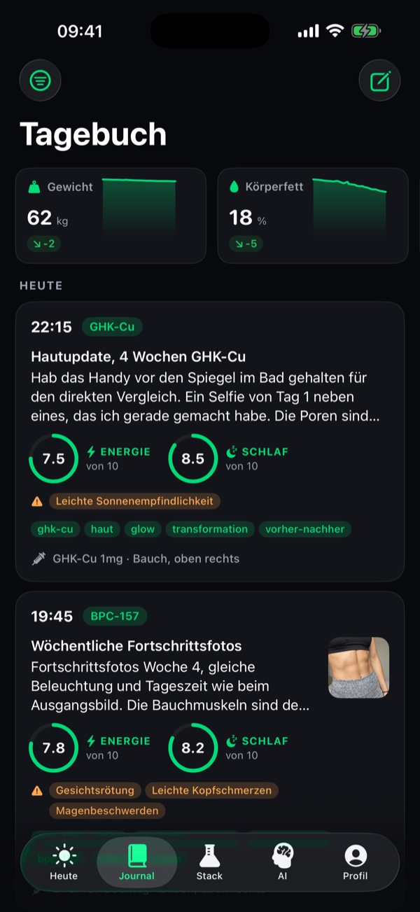 Peptide Stack Tagebuch-Tab mit Einträgen