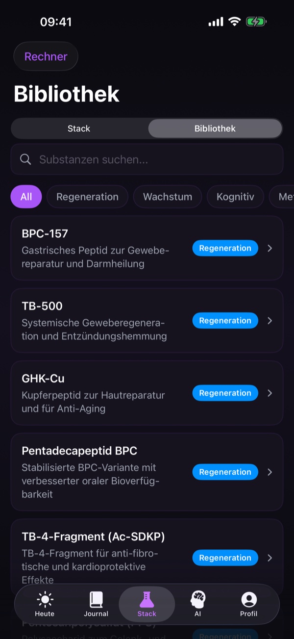 Bibliothek-Tab mit Peptid-Lexikoneinträgen