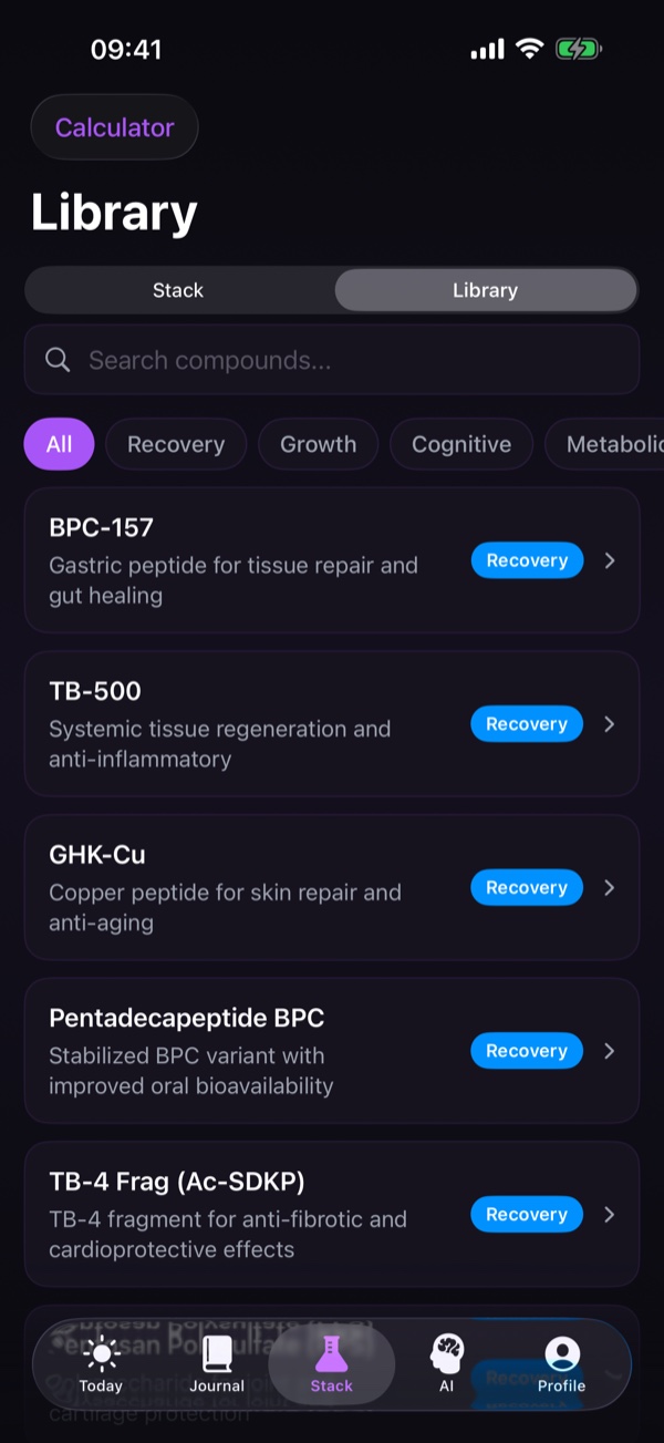 Library tab with peptide encyclopedia entries