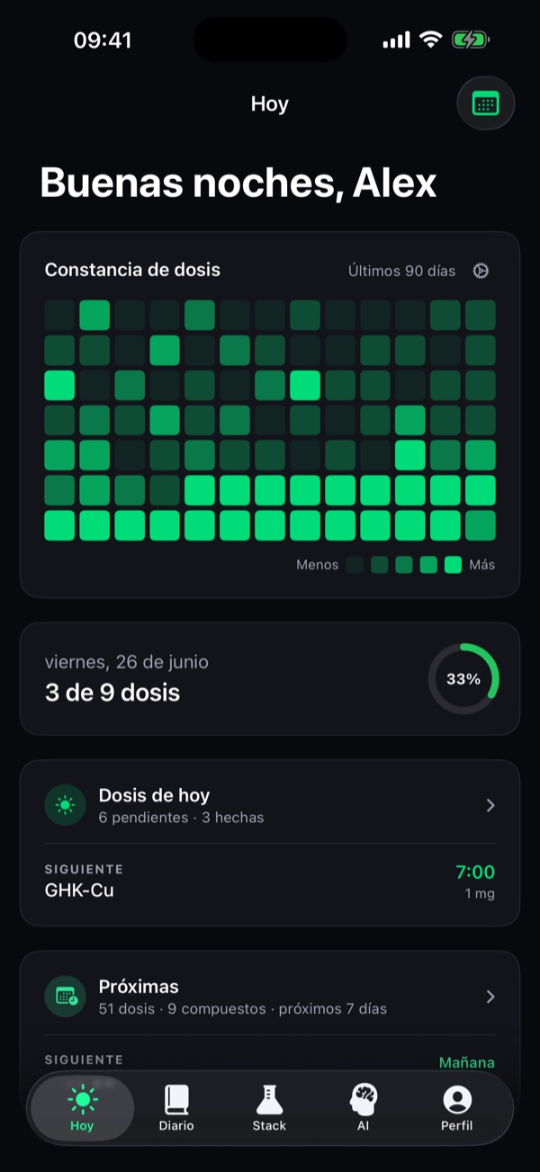 Pestaña Hoy con dosis programadas de péptidos