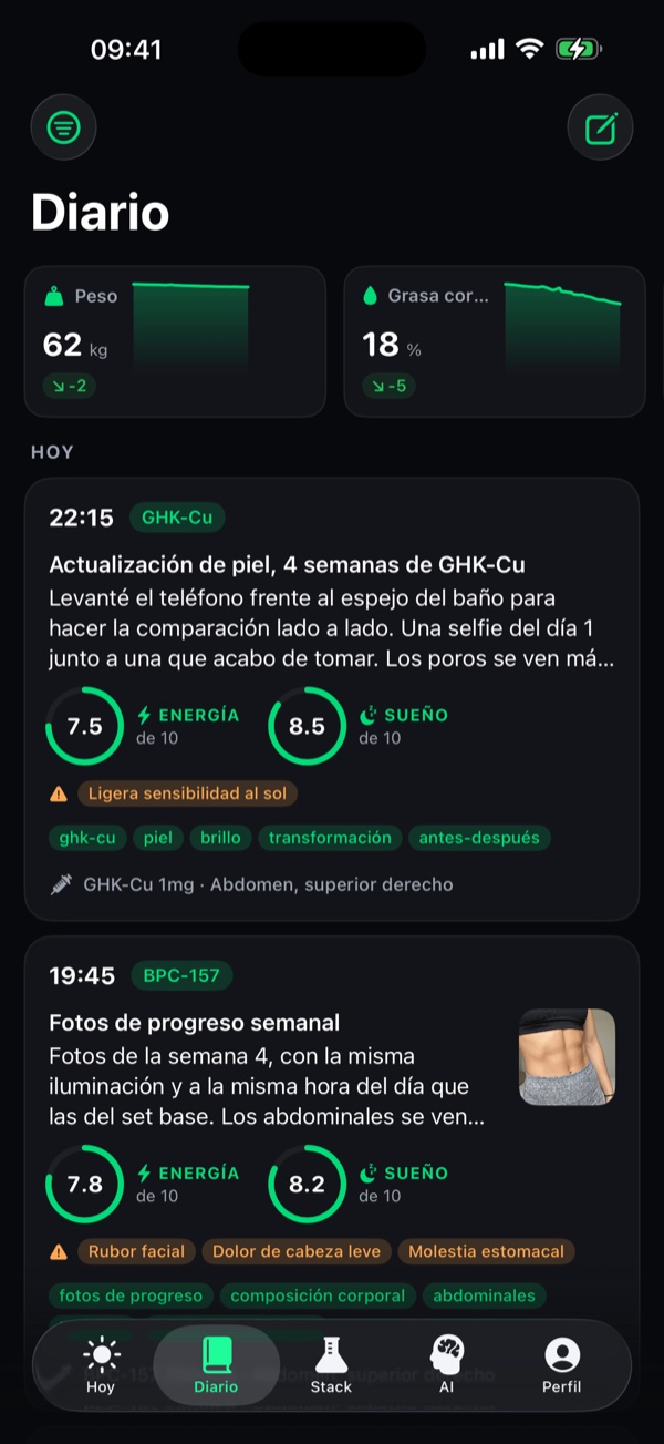 Pestaña Diario de Peptide Stack con entradas diarias