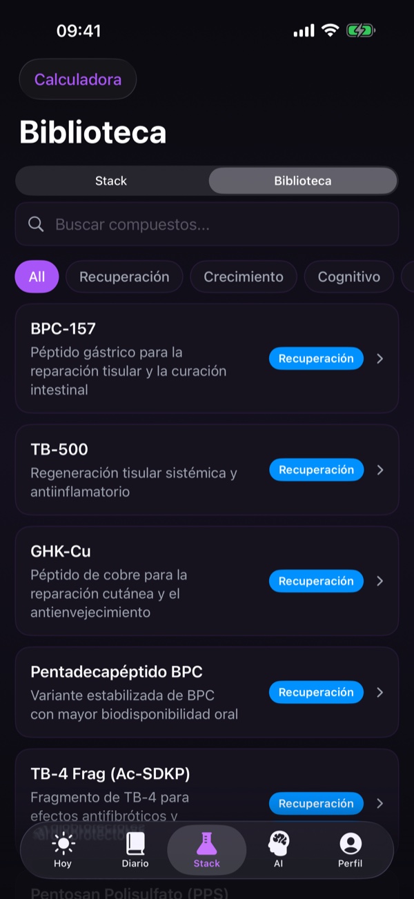 Pestaña Biblioteca con entradas de la enciclopedia de péptidos