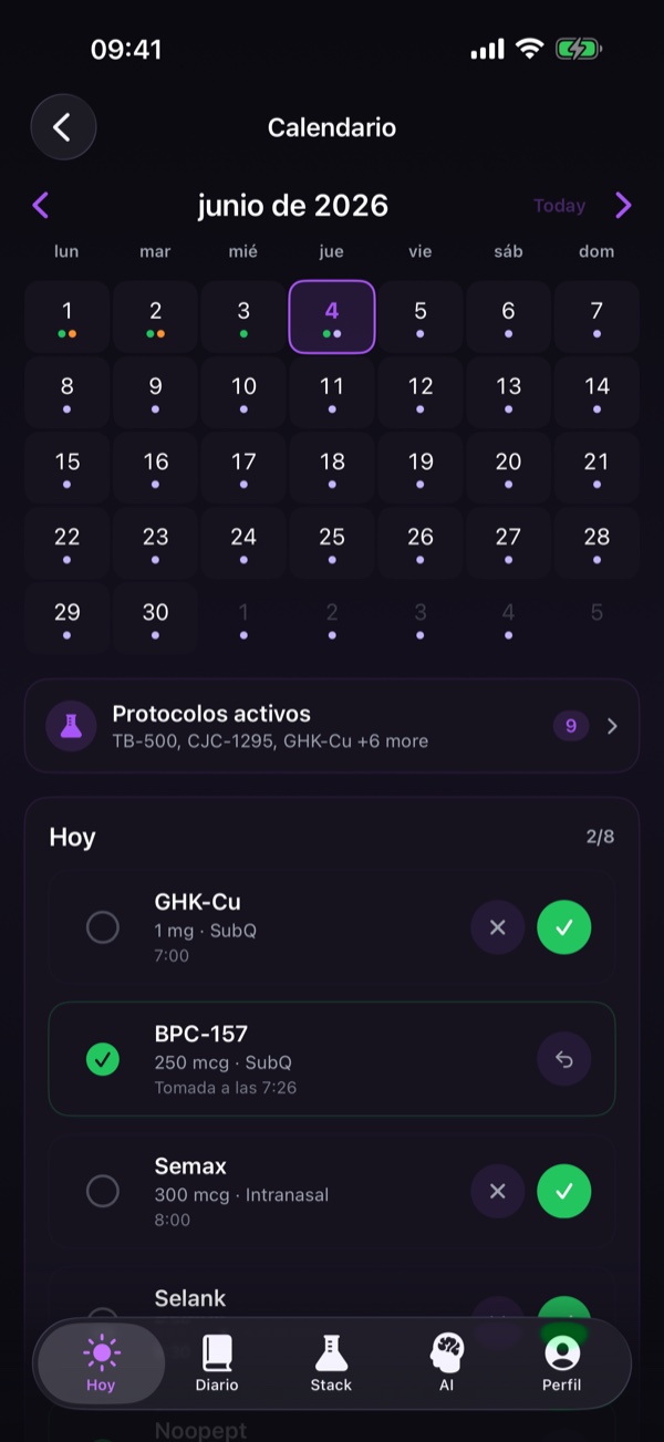 Calendario mensual con indicadores de dosis
