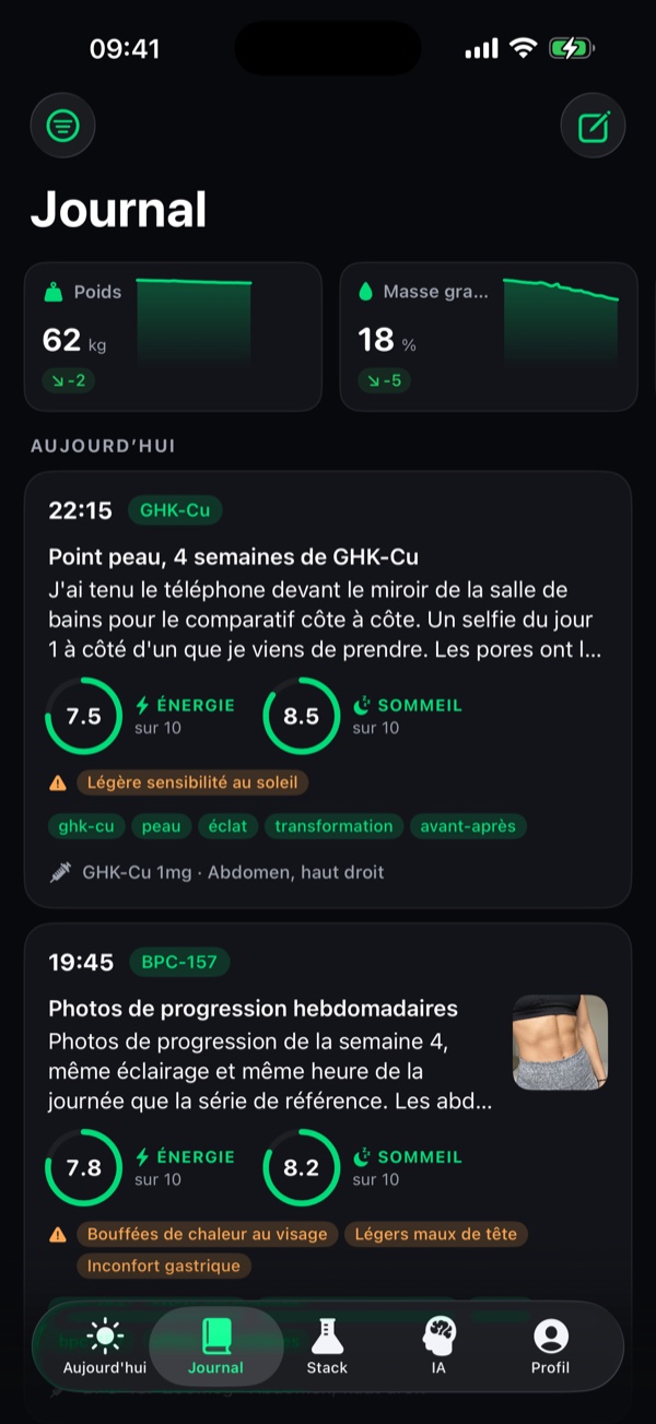 Onglet Journal de Peptide Stack avec les entrées quotidiennes