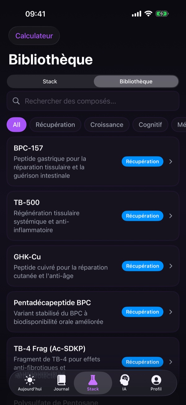 Onglet Bibliothèque avec les entrées de l'encyclopédie des peptides