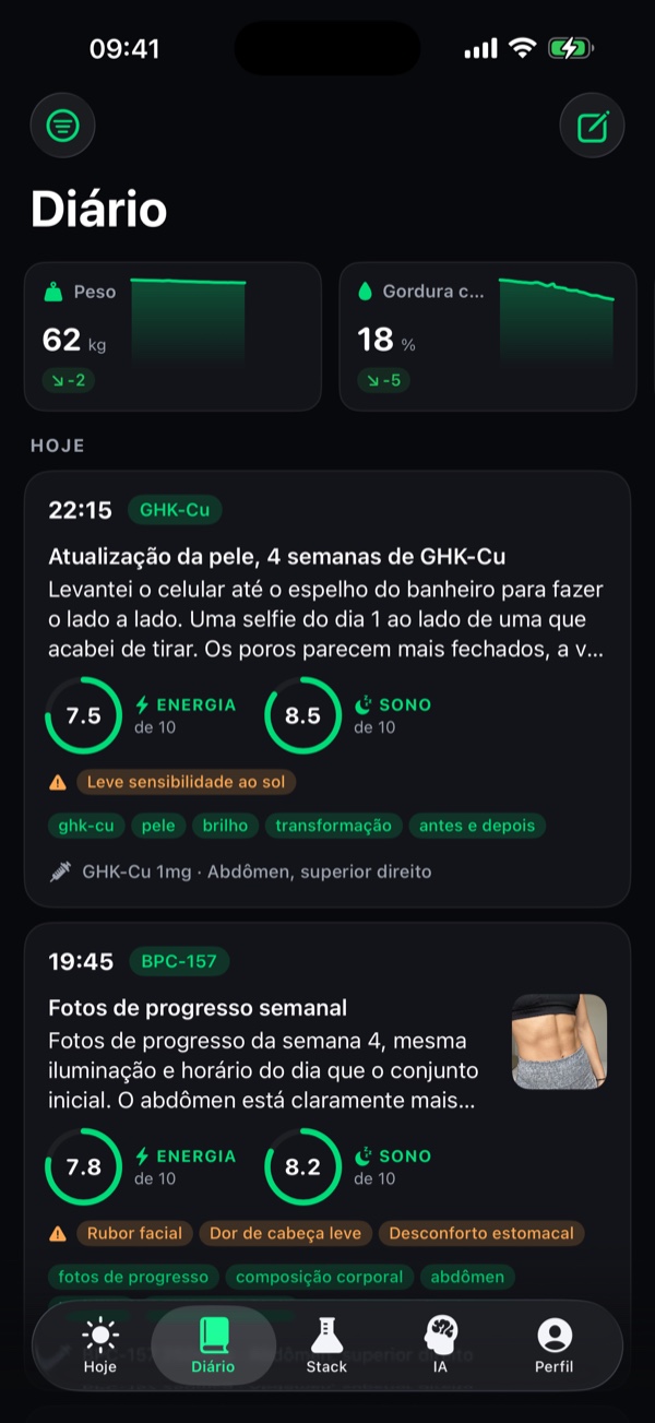 Aba Diário do Peptide Stack com entradas diárias