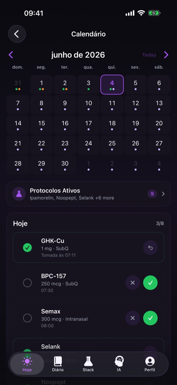 Calendário mensal com indicadores de dose