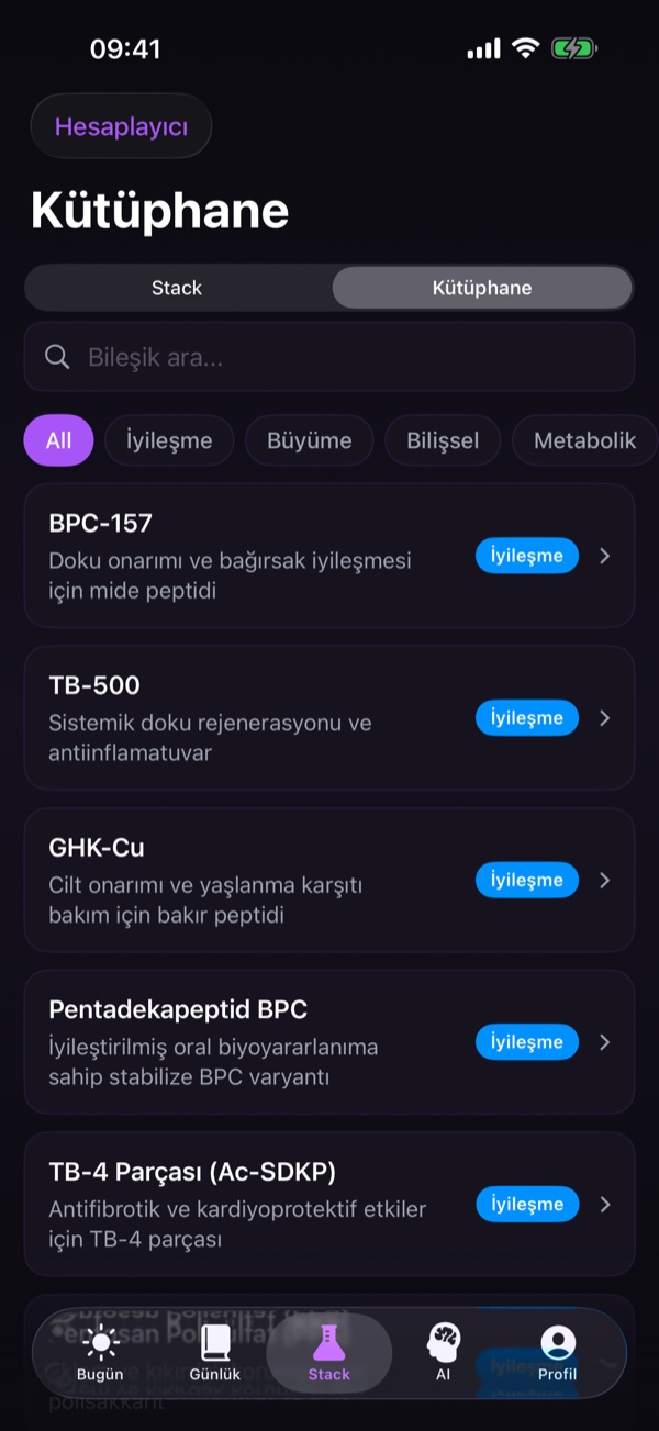Kütüphane sekmesi peptid ansiklopedi girdileriyle